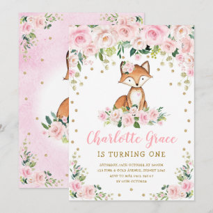 Cute Pink Blush Floral Woodland Fox Girls Birthday Kaart