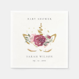 Cute Pink Blush Gold Floral Unicorn Baby shower Servet