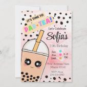 Cute Pink Boba Tea Girl Birthday Party Invitation Kaart (Voorkant)