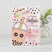 Cute Pink Boba Tea Girl Birthday Party Invitation Kaart (Staand voorkant)