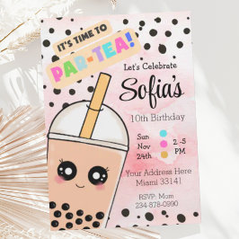 Cute Pink Boba Tea Girl Birthday Party Invitation Kaart