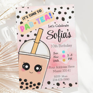 Cute Pink Boba Tea Girl Birthday Party Invitation Kaart