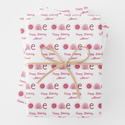 Cute Pink Boho Rainbow First Birthday Inpakpapier Vel (In situ)