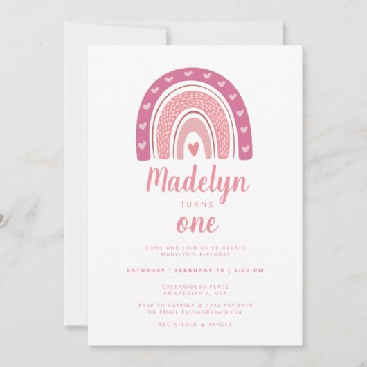 Cute Pink Boho Rainbow First Birthday Kaart (Voorkant)