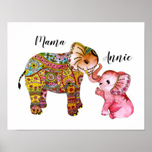 Cute Pink Boho Waterverf Elephant Nursery Decor Poster