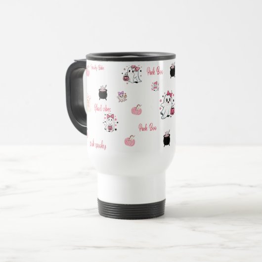 Cute Pink Boo Ghost Travel Mug | Reisbeker (Voorkant links)