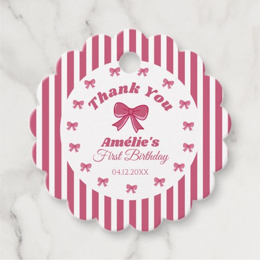 Cute Pink Bow 1st Birthday  Bedankjes Labels (Voorkant)