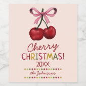 Cute Pink Bow and Sweet Red Cherry Christmas  Wijn Etiket (Enkel label)