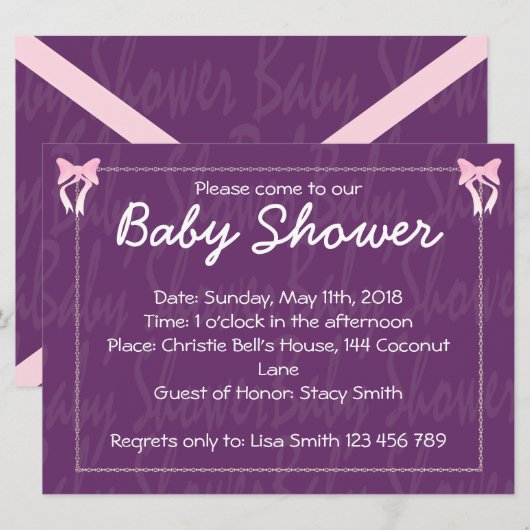 Cute Pink Bow Baby Girl Shower Paarse Uitnodiging (Voorkant / Achterkant)