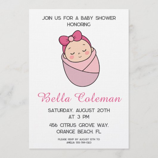 cute pink bow baby shower invitation kaart (Voorkant)