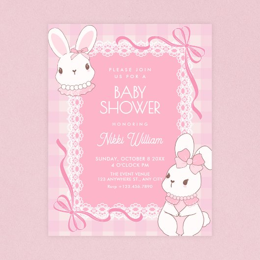 Cute pink bow bunny baby shower kaart