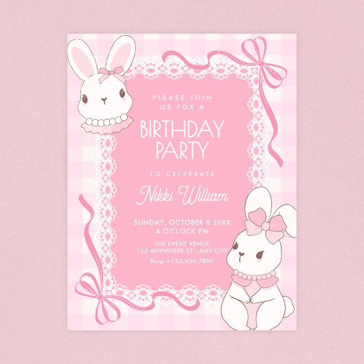 Cute pink bow bunny birthday kaart