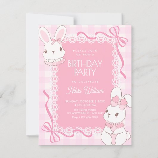 Cute pink bow bunny birthday kaart (Voorkant)