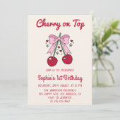 Cute Pink Bow Cherry on Top 1st Birthday Kaart (Staand voorkant)