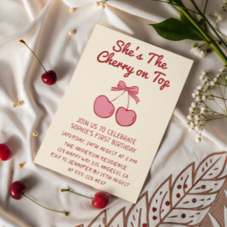 Cute Pink Bow Cherry on Top First Birthday Kaart