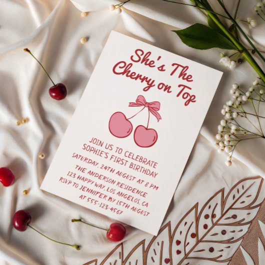 Cute Pink Bow Cherry on Top First Birthday Kaart