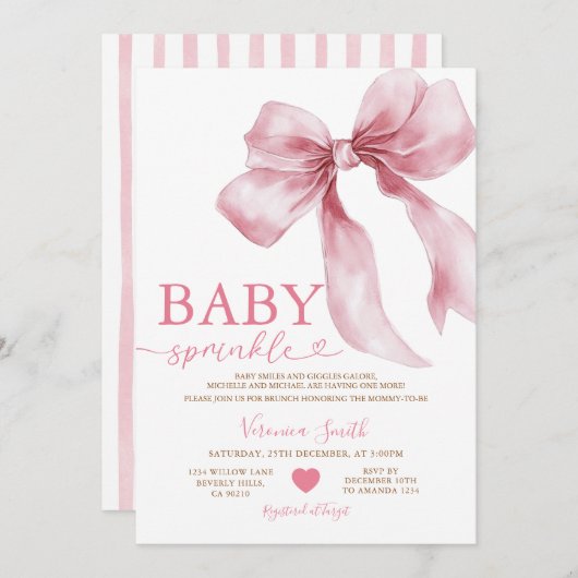 Cute Pink Bow Coquette Baby Sprinkle Baby Shower Kaart (Voorkant / Achterkant)