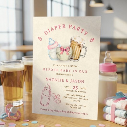 Cute Pink Bow Diaper Beer Baby Shower Kaart
