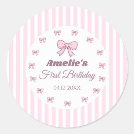 Cute Pink Bow First Birthday  Ronde Sticker