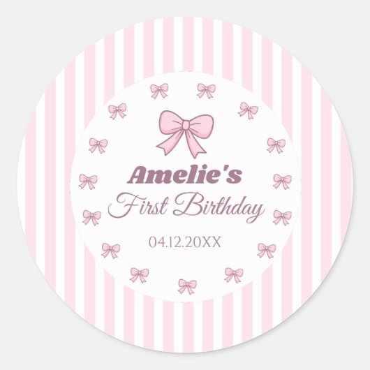 Cute Pink Bow First Birthday  Ronde Sticker (Voorkant)