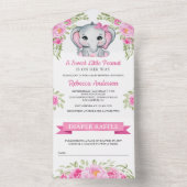 Cute Pink Bow Floral Elephant Baby shower All In One Uitnodiging (Binnen)