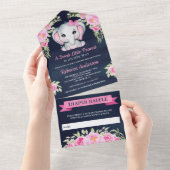 Cute Pink Bow Floral Elephant Navy Baby shower All In One Uitnodiging (Afscheurbaar)