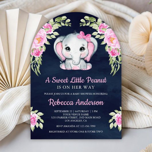 Cute Pink Bow Floral Elephant Navy Baby Shower Kaart