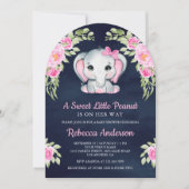 Cute Pink Bow Floral Elephant Navy Baby Shower Kaart (Voorkant)