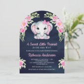 Cute Pink Bow Floral Elephant Navy Baby Shower Kaart (Staand voorkant)