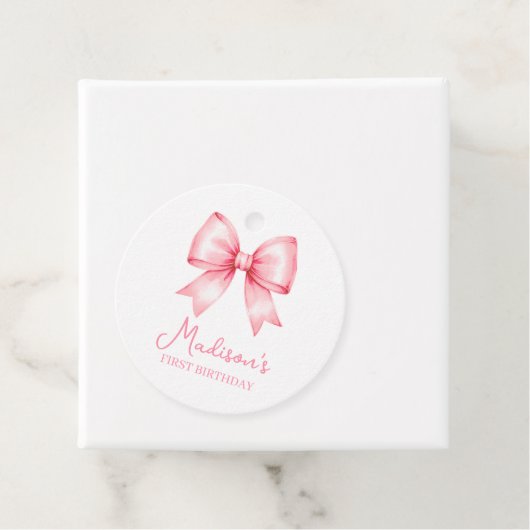 Cute Pink Bow Girl First Birthday Bedankjes Labels (In situ)