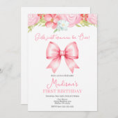 Cute Pink Bow Girl First Birthday Invitation Kaart (Voorkant / Achterkant)
