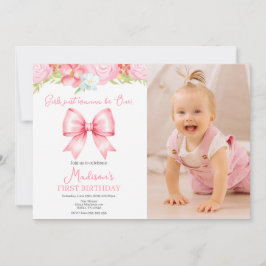 Cute Pink Bow Girl First Birthday Photo Invitation Kaart
