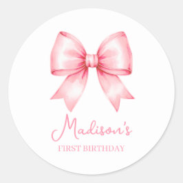 Cute Pink Bow Girl First Birthday Ronde Sticker