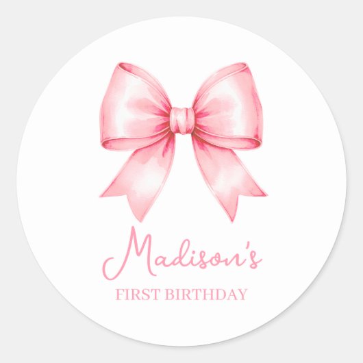 Cute Pink Bow Girl First Birthday Ronde Sticker (Voorkant)