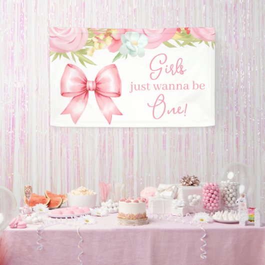 Cute Pink Bow Girl First Birthday Spandoek (Feest)