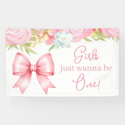 Cute Pink Bow Girl First Birthday Spandoek (Horizontaal)