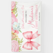 Cute Pink Bow Girl First Birthday Spandoek (Verticaal)