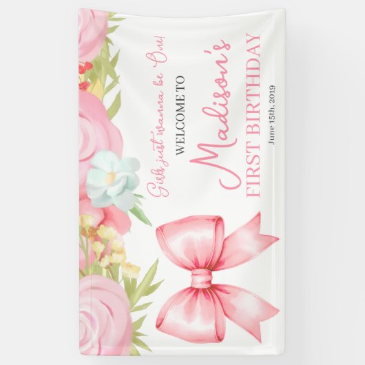 Cute Pink Bow Girl First Birthday Spandoek (Verticaal)