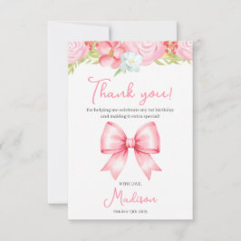 Cute Pink Bow Girl First Birthday Thank You Card Bedankkaart