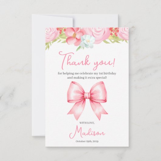 Cute Pink Bow Girl First Birthday Thank You Card Bedankkaart (Voorkant)