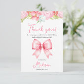 Cute Pink Bow Girl First Birthday Thank You Card Bedankkaart (Staand voorkant)