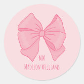 Cute Pink Bow Girl's Monogram and Name Ronde Sticker (Voorkant)