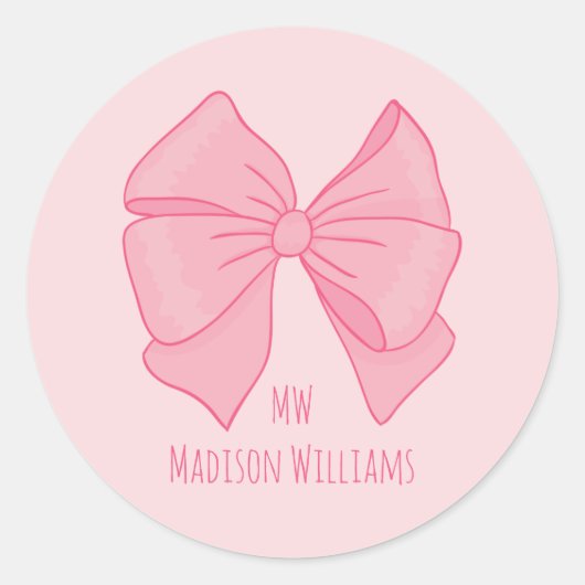 Cute Pink Bow Girl's Monogram and Name Ronde Sticker (Voorkant)