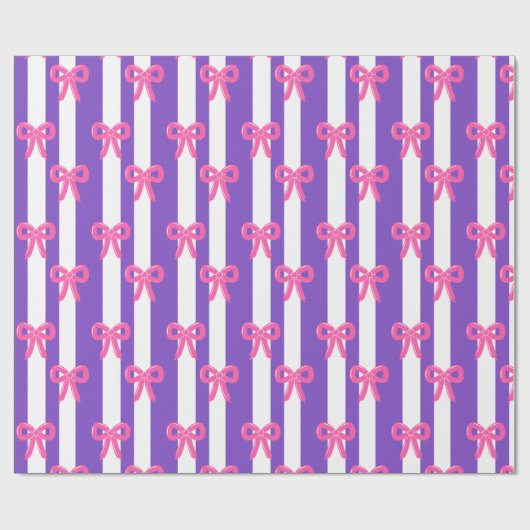 Cute Pink Bow Purple Stripe Pattern Girly Cadeaupapier (Vlak)