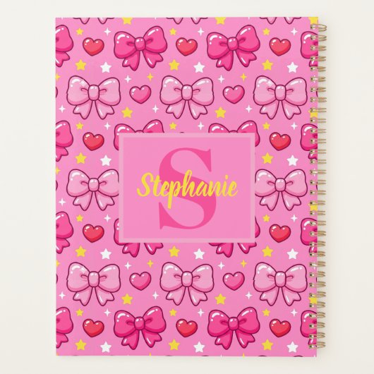 Cute Pink Bows and Hearts Personalized Monogram Planner (Achterkant)