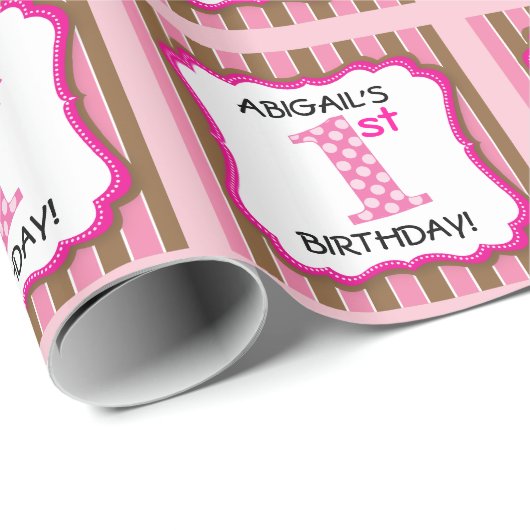 Cute Pink & Brown Girl's 1e verjaardag gepersonali Cadeaupapier (Rol Hoek)