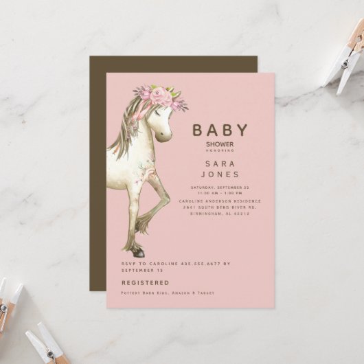 Cute Pink & Brown Waterverf Pony Baby shower Kaart (Voorkant / Achterkant in situ)