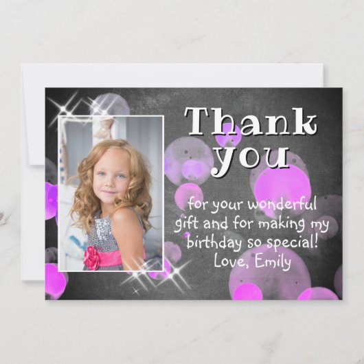 Cute Pink Bubbles Chalkboard Girl Fotodag Bedankkaart (Voorkant)