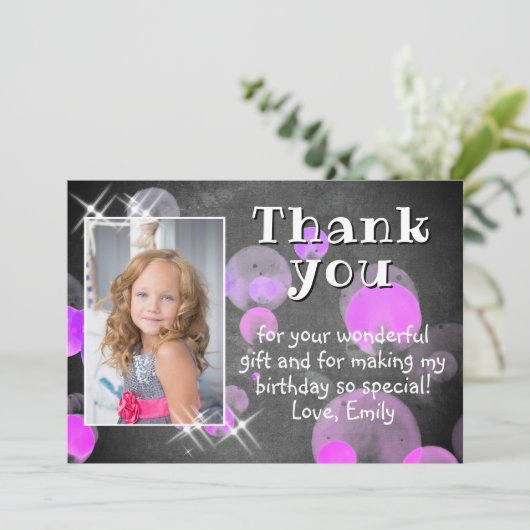 Cute Pink Bubbles Chalkboard Girl Fotodag Bedankkaart (Staand voorkant)