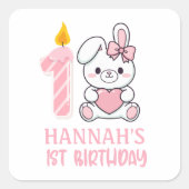 Cute Pink Bunny Candle Girls First Birthday  Vierkante Sticker (Voorkant)